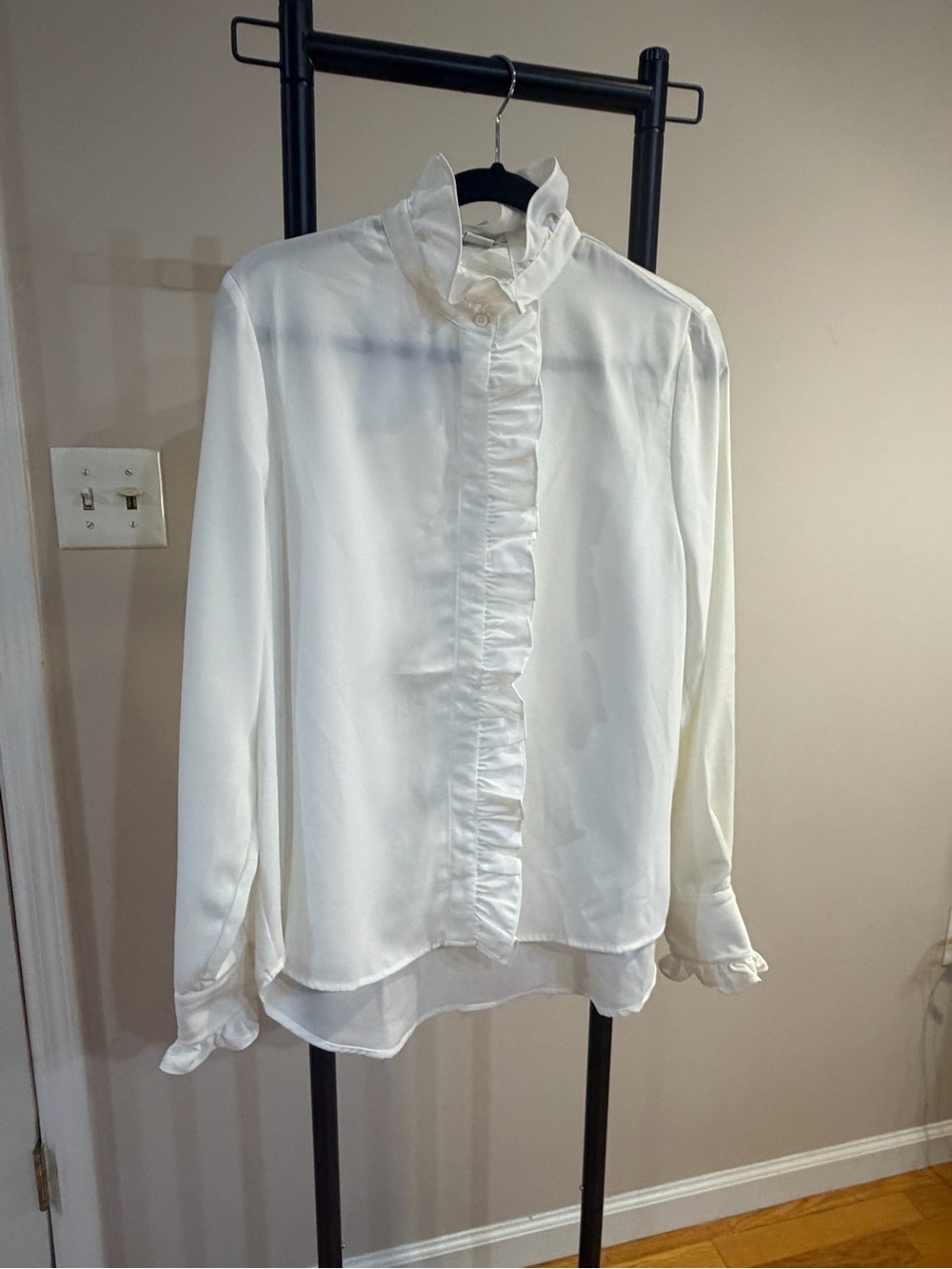 Ruffled Front White Blouse - Women's Long Sleeve